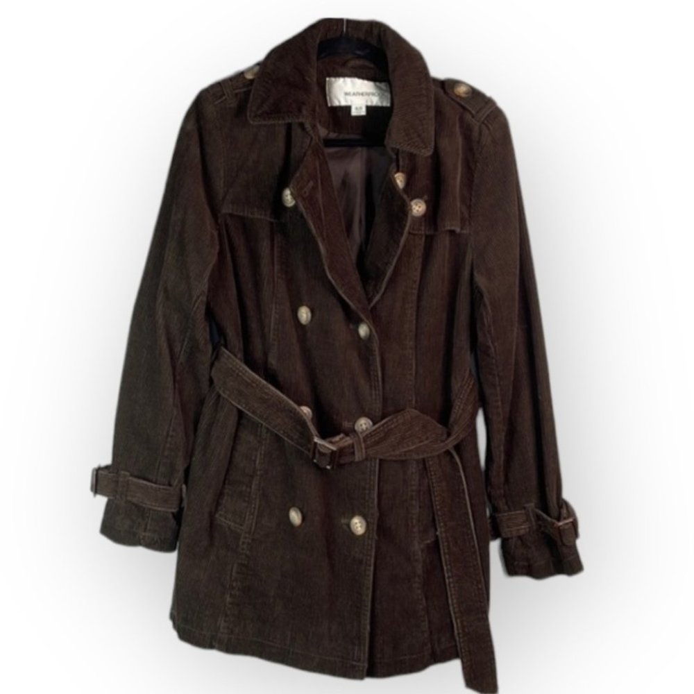 Weatherproof Corduroy Double Breasted Belted Trench Coat Jacket brown lined M
